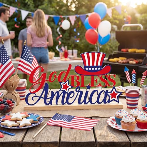 Roowest Metal God Bless America Table Decor Sign with Wood Base - style: Independence Day