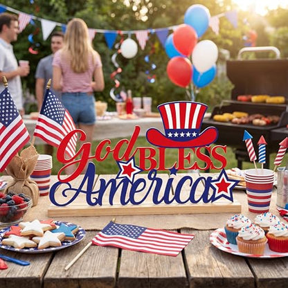 Roowest Metal God Bless America Table Decor Sign with Wood Base - style: Independence Day
