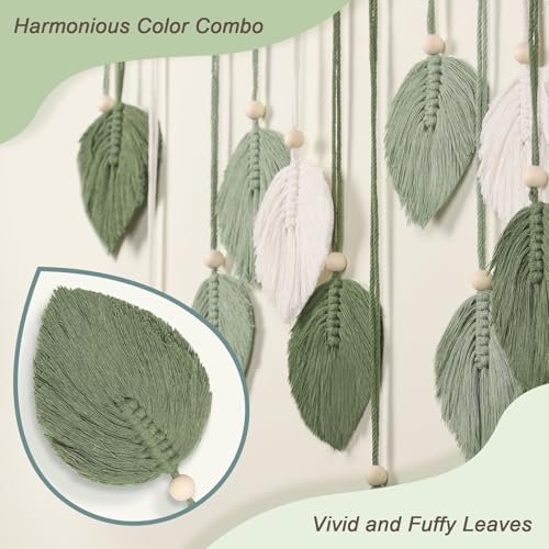Boho Macrame Leaf Wall Hanging Green Tassel Wall Decor with Wood Beads for Bedroom Living Room Bohemian Home Decor