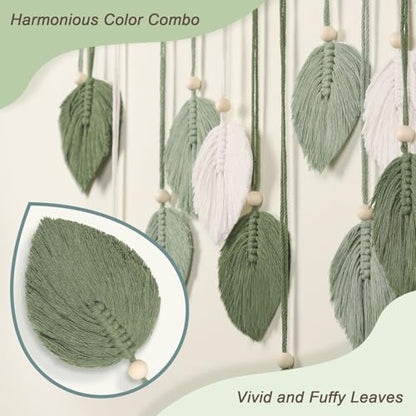 Boho Macrame Leaf Wall Hanging Green Tassel Wall Decor with Wood Beads for Bedroom Living Room Bohemian Home Decor