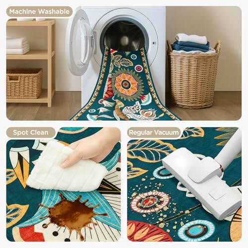 Joydeco Egypt Floral Boho 2x6 Washable Kitchen Hallway Bathroom Rug Runner - color: Dark Green, size: 2' x 6' (Runner)