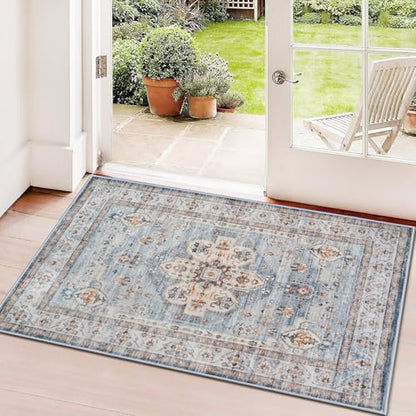 Washable Hallway Runner Rug 2x3: Living Room Rug Farmhouse Distressed Mat - color: Blue, size: 2' x 3' (Rectangular)