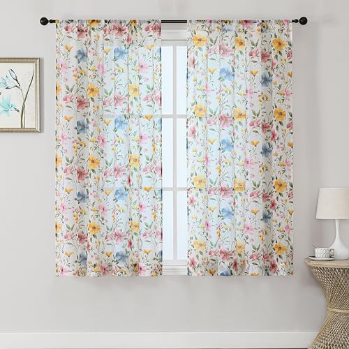 OWENIE Floral Sheer Curtains for Living Room - Printed Pink Farmhouse Soft Airy Light Filtering Crinkle Crushed Semi Short Sheer Curtains for Small Window, (2 Pcs Each 42" W x 45" L) - size: 42"W x 45"L (Pack of 2)