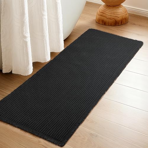 Luxury Waffle Bath Mat, Super Absorbent Non Slip Bathroom Rugs, Boho Ultra Soft Comfort Machine Washable Quick Dry Floor Mats with Tassels (Black, 24" x 72") - color: Black, size: 24" X 72"