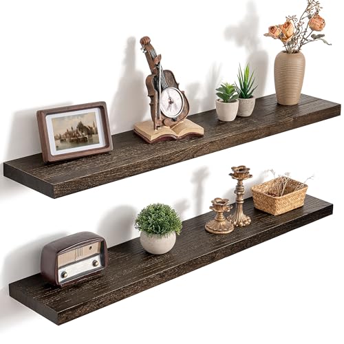 RICHFOCUS 40inch Walnut Floating Shelves for Wall, 8" Deep High End Solid Real Wood Wall Shelves for Bathroom, Rustic Wooden Floating Shelves with Invisible Brackets for Books Storage Decor, Set of 2 - color: Walnut, size: 40inch