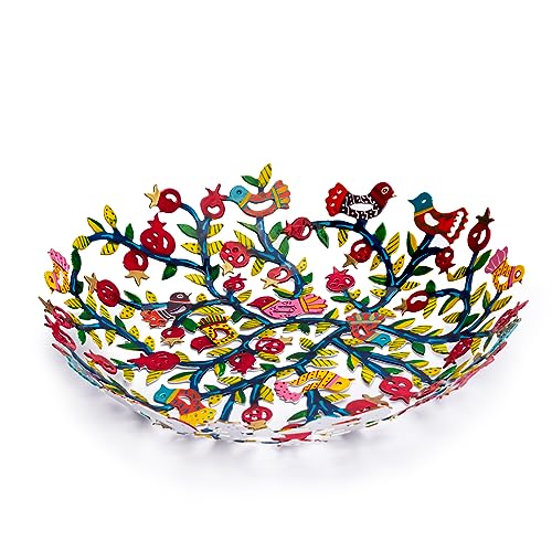 Emanuel Yair Decorative Metal Fruit Bowl | Vibrant Hand Painted Bowl | Hangable Centerpiece for Home Decor and Gifting | Judaica Art (10 inch, Pomegranate Tree) - color: Pomegranate Tree, size: 10 inch