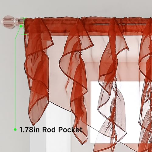 PearAge Ruffled Voile Semi Sheer Curtain Valance, Kitchen Living Room Shabby Chic Ruffle Valance Curtains, Girls Daughters Bedroom Cascade Window Valance 52x26 Inches (Red-Triangle) - color: Red