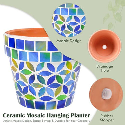 Mosaic Ceramic Small Succulent Plant Pot with Drainage 4 in Planter - color: Mosaic Blue