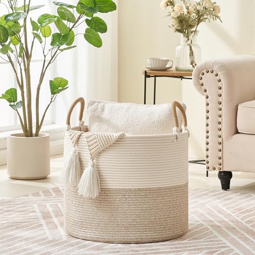 KAKAMAY Large Blanket Basket (18"x18"x16"), Woven Baby Laundry Hamper for Storage, Cotton Rope Basket for Nursery, Laundry, Living Room, Pillows, Baby Toy Chest with Handles (Black Stripes) - color: Brown and White