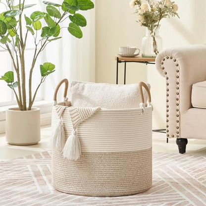 KAKAMAY Large Blanket Basket (18"x18"x16"), Woven Baby Laundry Hamper for Storage, Cotton Rope Basket for Nursery, Laundry, Living Room, Pillows, Baby Toy Chest with Handles (Black Stripes) - color: Brown and White