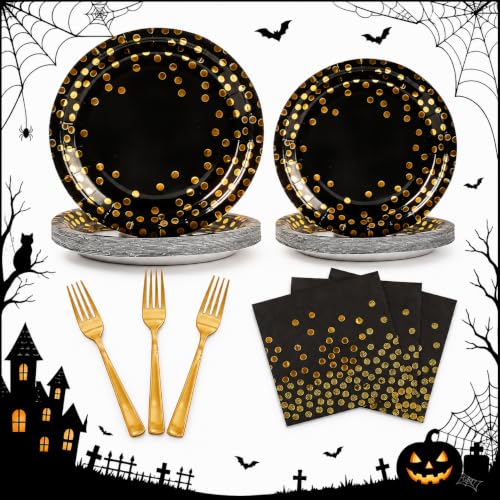 100pcs Black and Gold Plates and Napkins Halloween Party supplies - color: Black/Gold