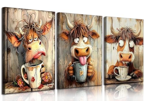 3pcs Funny Cow Canvas Wall Art Humor Dreaming Cow Drinking Coffee Wall Decor Pictures Playful Country Farmhouse Animals Posters Prints Paintings for Living Room Bedroom Kids Room Bathroom Decoration - color: Funny Cow, size: 24"L x 16"W-Canvas