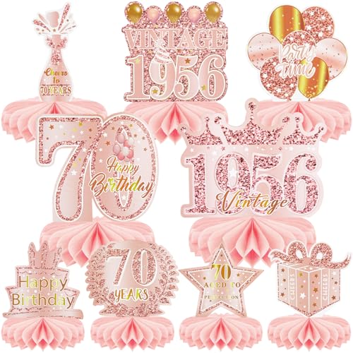 9 Pcs 70th Birthday Decoration for Women 1956 Pink Table Honeycomb Decor - color: 70th-rose Gold Pink