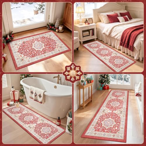 Red Christmas Kitchen Rugs Set of 3 Boho Washable Kitchen Floor Mats - color: Xmas Red, size: 20"x32"+20"x48"+20"x59"