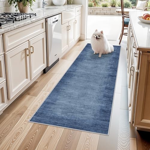 2x6ft Non-Slip Washable Kitchen Rug - Modern Carpet Runner for Hallway,Bedroom Bedside,Laundry Room,Entryway with Rubber Backing – Abstract Neutral Low-Pile Thin (Navy Blue,2x6) - color: Navy Blue, size: 2' x 6' (Rectangular)