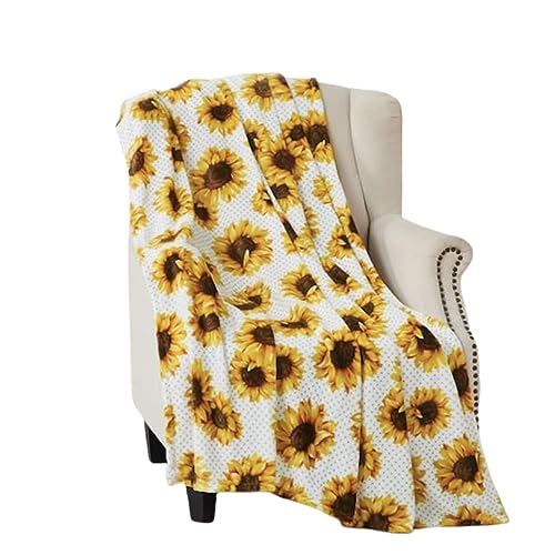 Serafina Home Summer Sunflower Throw Blanket: Beautiful Fleece Flowers with Yellow Brown White Accents, 50" x 60", for Couch, Bed, Travel - color: Sunflower