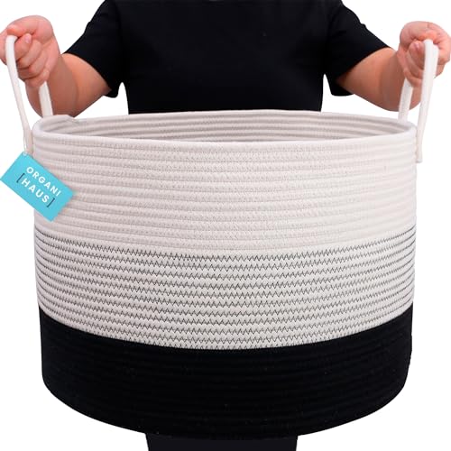 OrganiHaus Round Toy Basket & Blanket Basket, Cotton Rope 20x13" - color: 3-toned Black, size: Wide
