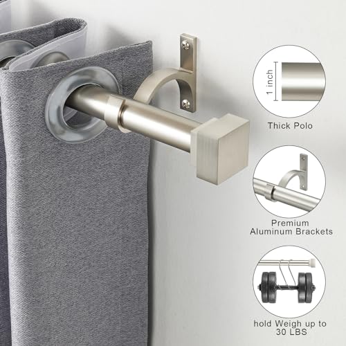 Single Curtain Rods for Windows 48 to 84 Inch(4-7ft),1 Inch Diameter Adjustable Heavy Duty Drapery Rods,with Modern Square Aluminum Alloy Finials,Satin Nickel - color: Satin Nickel, size: 48-84"
