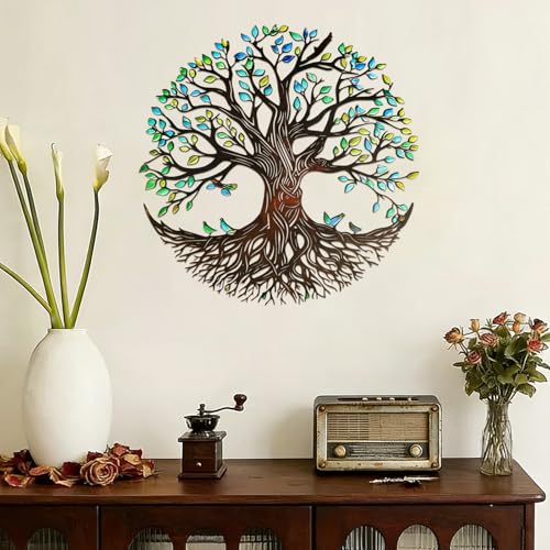 YIYA Metal Tree of Life Wall Decor, 12.8" Colorful Tree of Life Wall Art with Birds, Rustic Iron Wall Sculpture for Living Room, Bedroom, Bathroom, Boho Home Decor, Housewarming Gift（Green） - style: Blue Tree