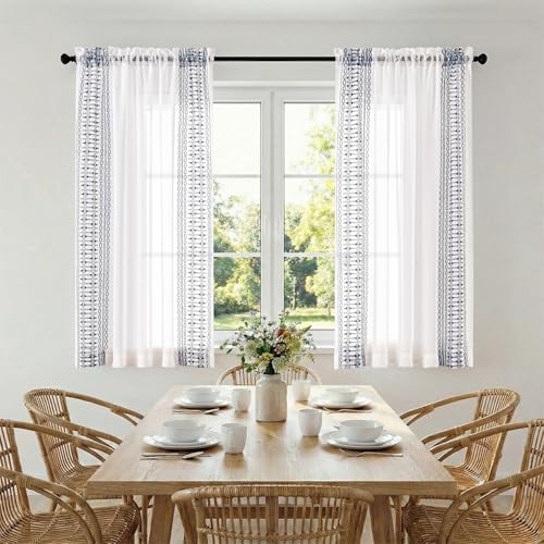 jinchan Floral Linen Sheer Boho Curtains 63 Inch Rod Pocket 2 Panels Blue - color: Boho Blue on White, size: 55"W x 63"L (Pack of 2)