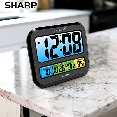 Sharp Atomic Digital Clock, 3" Color Display, Indoor/Outdoor Temp Sensor