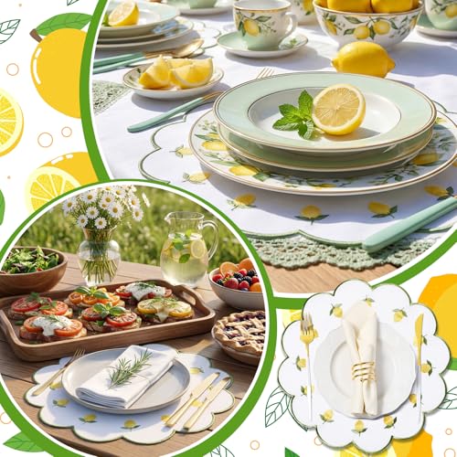 Qinyoung 6 Pieces Lemon Placemats 13.8 Inch Scalloped Embroidery placemats Fabric Linen Cotton mats Set Round Decorative Dining Table Mats for Wedding Birthday Bridal Party Decor - size: 13.8 Inches, style: Lemon
