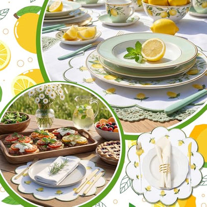 Qinyoung 6 Pieces Lemon Placemats 13.8 Inch Scalloped Embroidery placemats Fabric Linen Cotton mats Set Round Decorative Dining Table Mats for Wedding Birthday Bridal Party Decor - size: 13.8 Inches, style: Lemon