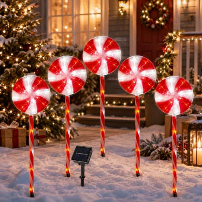 BRIGHTDECK 5 Pack Solar Christmas Pathway Lights, Red Lollipop Stakes - color: Red, size: 5Pack