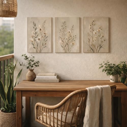 Neutral Wildflower Canvas Wall Art Set of 3, Beige Floral, 16x24 Inch - color: Light green flowers and grass, size: 16x24 inch