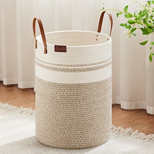 VIPOSCO 72L Tall Woven Rope Laundry Hamper, Leather Handles, Brown & White - color: Brown & White, size: 72L