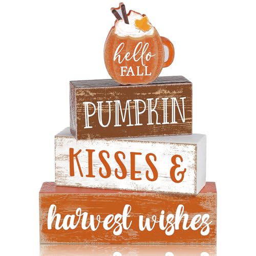 4 Pcs Fall Decor for Home Hello Fall Wooden Signs with Ice Cream Cup - style: Pumpkin Spice