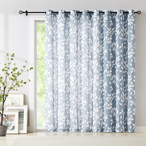 Blue White Sliding Door Curtains 100x84" Linen Leaf Drapes Living Room 1pc - color: Blue, size: 100"W x 84"L (Pack of 1)