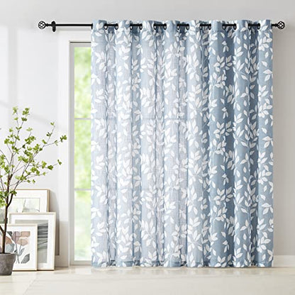Blue White Sliding Door Curtains 100x84" Linen Leaf Drapes Living Room 1pc - color: Blue, size: 100"W x 84"L (Pack of 1)