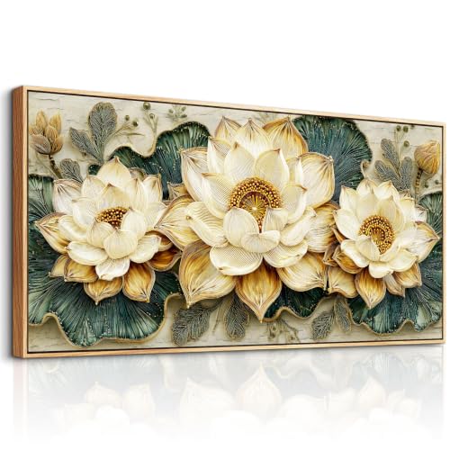 Large Abstraction Canvas Wall Art for Living Room Wall Decor Vintage Golden Lotus Painting Decor Dining Room Bedroom Bathroom Kitchen Room Home Decor Printed Artworks 20x40 in Wood Frame - color: Golden and White Flowers, size: 40"L x 20"W
