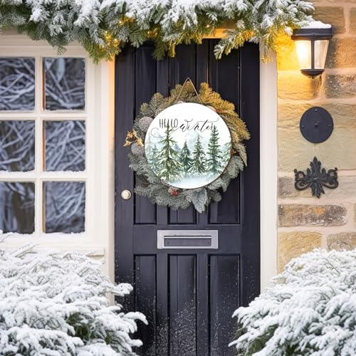Whaline Christmas Hello Winter Wooden Hanging Sign Christmas Pine Trees Welcome Door Sign Xmas Winter Holiday Farmhouse Rustic Wreath Sign for Indoor Outdoor Home Wall Window Decor - style: Winter