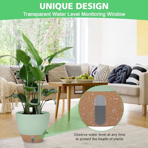 Self Watering Planter Set with Visual Water Level, 6Pack Small Plastic Pot with Drainage Holes and Reservoir Saucers, Modern 8+7+6.5+6+5.5+5 Inch Bottom Watering Flower Pots for Indoor Plant - Green - color: Green-small