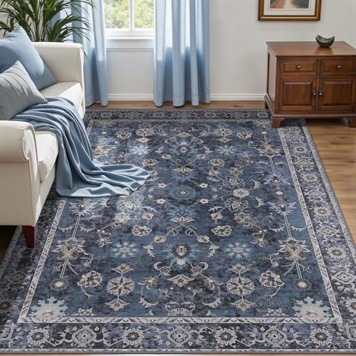 Tangsoo Washable Area Rugs 3x6 Non Slip,Vintage Navy Blue Floral Throw Rugs - color: Distressed Blue Black, size: 3' X 6' (Rectangular)