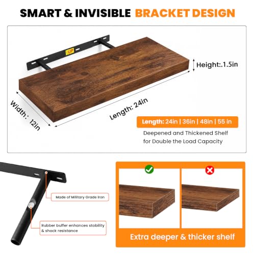 RICHER HOUSE 12" Deep Floating Shelves, 24 Inch Long Rustic Wood Wall Shelf - color: Brown, size: 24in