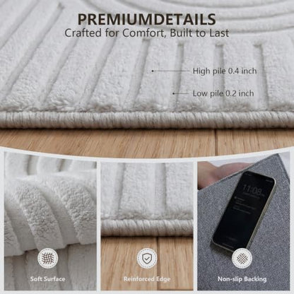 High-Low Pile Washable 8x10 Area Rug, Cream Neutral Arch Textured Soft Large Rug, Non-Slip Stain Resistant Rug for Living Room Bedroom Dining Room, Under Table Rug - color: High-low Pile Curved Off-white Rug, size: 8' x 10' (Rectangular)