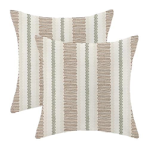 AEIOAE Brown Sage Green Outdoor Pillow Covers 16 x 16 Inch, Beige Polka Dots Stripe Decor Throw Pillows for Couch Bed, Boho Modern Farmhouse Decorative Pillowcase Linen Cushion Cover Set of 2 - color: Brown Sage Green Beige, size: 16" x 16" (Pack of 2)
