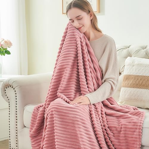 BEDELITE 3D Ribbed Jacquard Pink King Size Blankets for Bed, 108x90 Inch - color: Dusty Pink, size: King(108"x90")