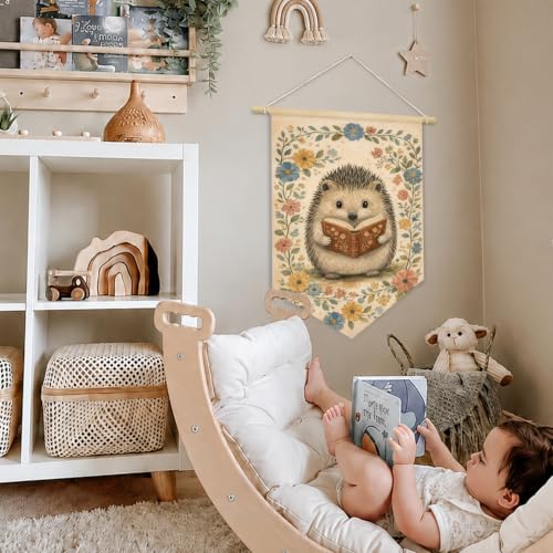 Cute Hedgehog Reading Book Woodland Nursery Decor Wall Hanging Flag - color: 01-Cute Hedgehog Reading Book(Beige)