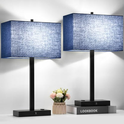 Lynnoland 21" Set of 2 Bedside lamp with USB A+C & AC Outlets, Touch Control 3-Way Dimmable Nightstand Lamps for Bedroom Living Room Office Reading, Blue Shade Touch Lamps, 5000K LED Bulbs Included - color: Blue Line & Matte Black