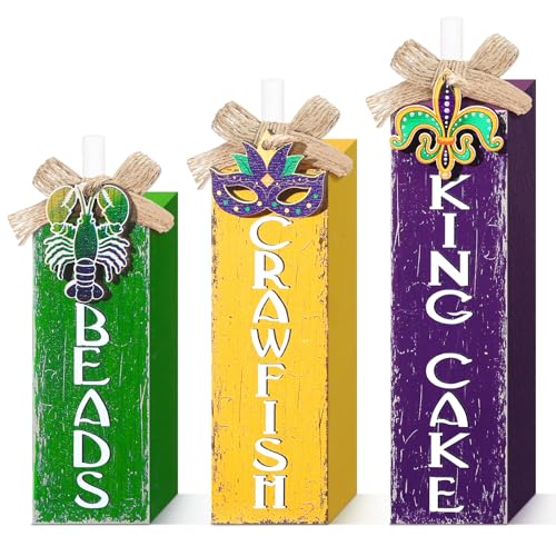 MiniInflat Mardi Gras 3 Pcs Table Decor, Wooden Block Sign Tiered Tray - style: Mardi Gras