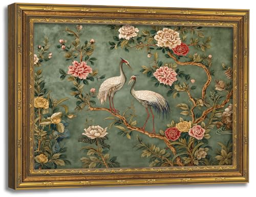 Vintage Gold Framed Canvas Wall Art 9×11 Inch Crane Floral Picture Poster Chinoiserie Wall Decor for Bedroom Entryway Farmhouse Indoor Home Decoration - color: Crane A, size: 11"L x 9"W