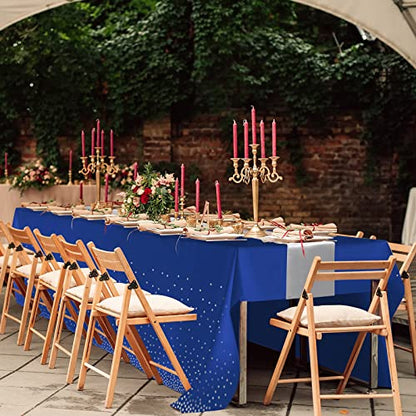 8Pack Disposable Plastic Tablecloths and Satin Table Runner Set Blue and Silver Dot Tablecloth Silver Satin Table Runner for Wedding Birthday Baby Shower Anniversary Christmas New Year Party Supplies - color: Blue and Silver, size: 8 Pack