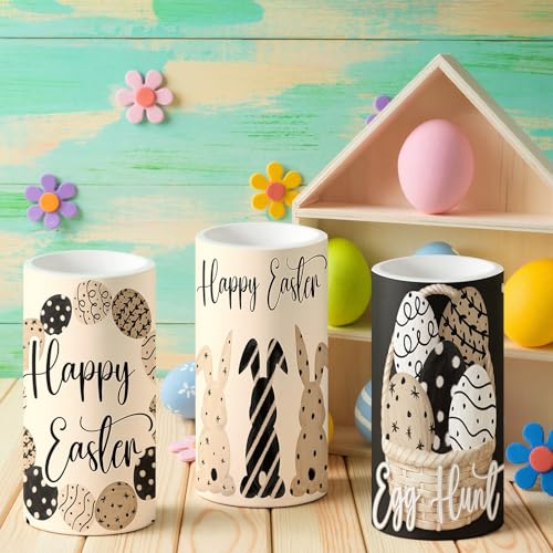 Retisee 3 Pcs Black Brown Easter Flameless LED Candles Battery Operated Bunny Spring Flickering Pillar Candles with Remote Rabbit Easter Centerpiece for Bedroom Living Room Dinner Table Decoration - style: Black Brown