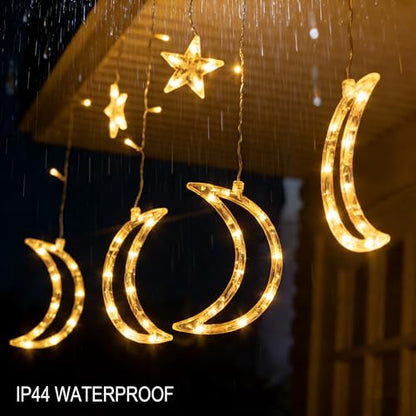 Dazzle Bright Ramadan Curtain String Lights, 138 LED 8.2 FT Warm White Star Moon Window Lights with Timer and 8 Lighting Modes, Waterproof Ramadan Decorations for Bedroom Wall Wedding Outdoor Party - size: Star Moon