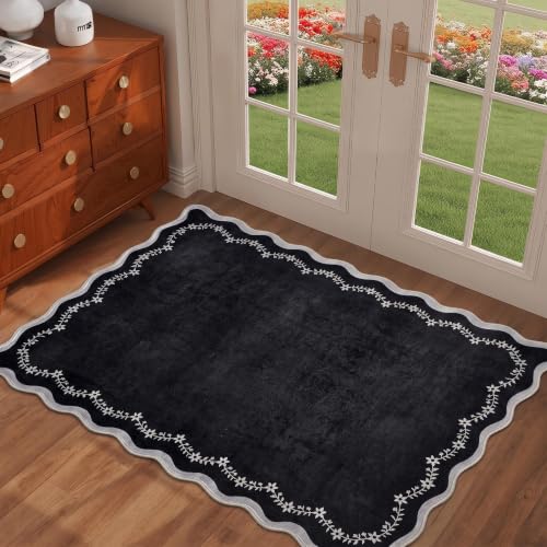 GarveeHome Scalloped Entryway Rug 2x3 Black Washable Front Door Entry Rug - color: Black, size: 2' x 3' (Rectangular)