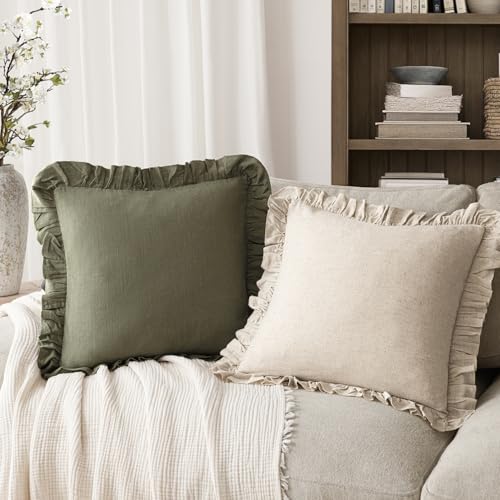 Foindtower Linen Fringe Ruffle Throw Pillow Covers 18×18 Inch Olive Green - color: Olive Green, size: 18" x 18" (Pack of 2)